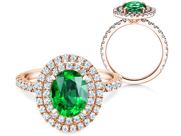 Verlobungsring Double Halo in 14K Weißgold mit Smaragd 0,60ct und Diamanten 0,35ct
