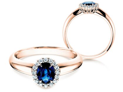 Verlobungsring Windsor in 14K Roségold mit Saphir 0,60ct und Diamanten 0,12ct