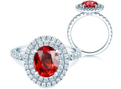 Verlobungsring Double Halo in Platin 950/- mit Rubin 0,60ct und Diamanten 0,44ct