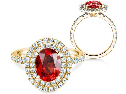 Verlobungsring Double Halo in 14K Gelbgold mit Rubin 0,60ct und Diamanten 0,44ct