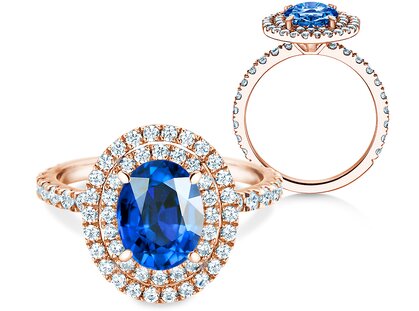 Verlobungsring Double Halo in 14K Roségold mit Saphir 0,60ct und Diamanten 0,44ct