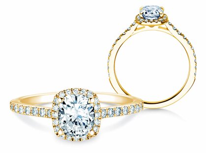 Verlobungsring Halo Cushion Pavé in 14K Gelbgold mit Diamanten 0,50ct G/SI